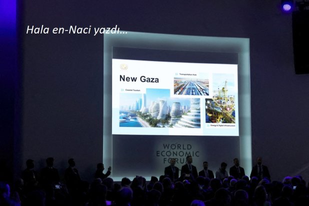 Davos Forumu 2026'nın oturum aralarında “Barış Konseyi” girişiminin duyurulması sırasında “Yeni Gazze” başlıklı bir slayt gösterimi yapıldı