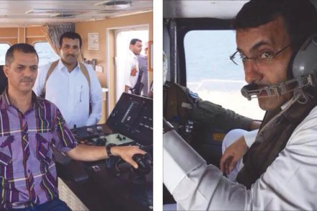 صورة للسفير السعودي على متن مروحية.. وأخرى داخل سفينة نشرتا في حساب ابنه على موقع التواصل «تويتر» أول من أمس («الشرق الأوسط»)