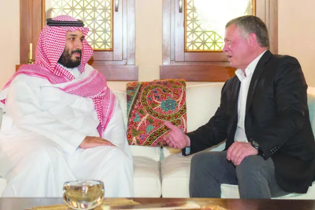 جانب من المباحثات بين العاهل الأردني الملك عبد الله الثاني والأمير محمد بن سلمان بن عبد العزيز أمس (واس)