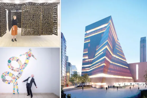 المبنى الجديد لمتحف «تيت مودن» -«جناح المعلقة في غرفة» للفنان الإسباني كريستينا إغليسياس في «تيت مودرن» (إ.ب.أ) - النحات البريطاني توني كراج يقف أمام عمله «التشكيل الجديد.. 1985» في المعرض (إ.ب.أ)