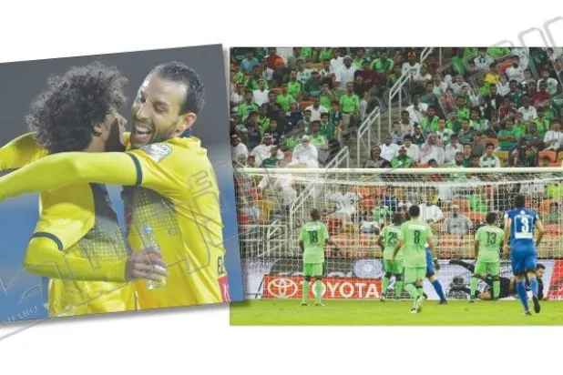 الكرة تعانق شباك الأهلي من رأسية بوناتيني (تصوير: محمد المانع) - الحداوي والزين يحتفلان بهدف التعاون الأول في النصر (رابطة دوري المحترفين)