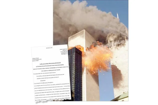 خالد شيخ محمد حمّل في رسالته واشنطن المسؤولية عن أحداث سبتمبر وفي الإطار نسخة من الرسالة («الشرق الأوسط»)