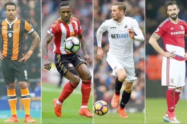 من اليمين لليسار: نيغريدو (ميدلسبره) و سيغوردسون (سوانزي) وديفو (سندرلاند) و هودليستون (هال سيتي)... سيلعبون دوراً محورياً في إبعاد أنديتهم عن شبح الهبوط