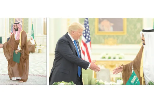 الملك سلمان يصافح الرئيس ترمب عقب توقيع اتفاقية الرؤية الاستراتيجية المشتركة... فيما الأمير محمد بن سلمان يصافح ريكس تيلرسون وزير الخارجية الأميركي عقب توقيع مذكرتي تفاهم لتحديث وتطوير القوات المسلحة السعودية (واس)