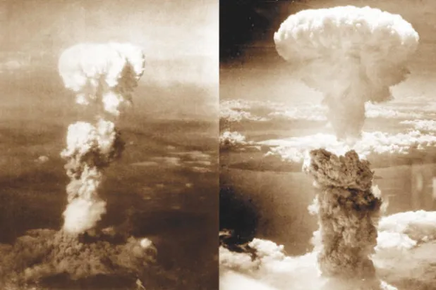الدخان على شكل فطر المنبعث من القنبلة النووية التي ألقتها طائرات أميركية على هيروشيما (يساراً) وعلى ناغازاكي في الحرب العالمية الثانية (غيتي)