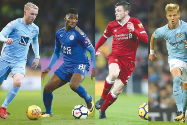 من اليمين زنكنكو لاعب سيتي الصاعد وروبرتسون مدافع ليفربول وإيهيناتشو مهاجم ليستر وغريمر لاعب كوفنتري