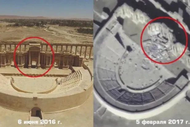 صورة من فيديو بثته وزارة الدفاع الروسية تظهر تدمير المسرح الروماني الأثري بمدينة تدمر وسط سوريا على يد تنظيم داعش (أ.ف.ب)