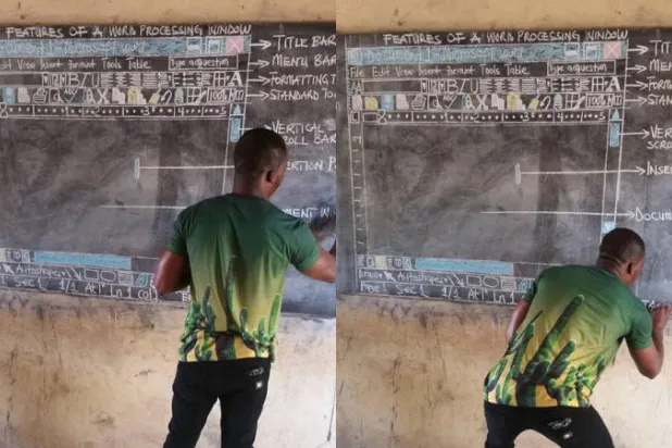 في غانا... الفقر يجبر مُدرس على شرح برامج «المايكروسوفت» من دون كومبيوتر