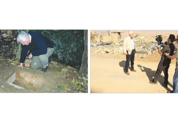 أثناء تصوير تقرير «بانوراما» من الموصل عام 2016 - عند مخبأ صدام حسين في العراق عام 2003 (ألبوم جون سيمبسون)