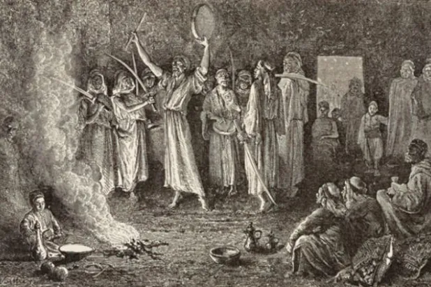 رقص وغناء في رسم للرحالة والمستكشفة الإنجليزية الليدي آن بلنت