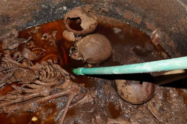 صورة وزعتها وزارة الاثار المصرية اثناء تفريغ المياه الحمراء من التابوت (إ ب أ)