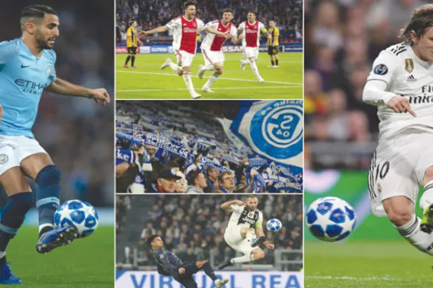 (من اليمين) مودريتش نجم ريال مدريد ولاعبو أياكس يحتفلون وترقب لجماهير شالكه وصراع كيلليني مدافع يوفنتوس مع لينغارد وأخيراً محرز نجم مانشستر سيتي