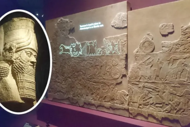 جدارية لإحدى غزوات آشوربانيبال... وفي الإطار مجسم لرأسه