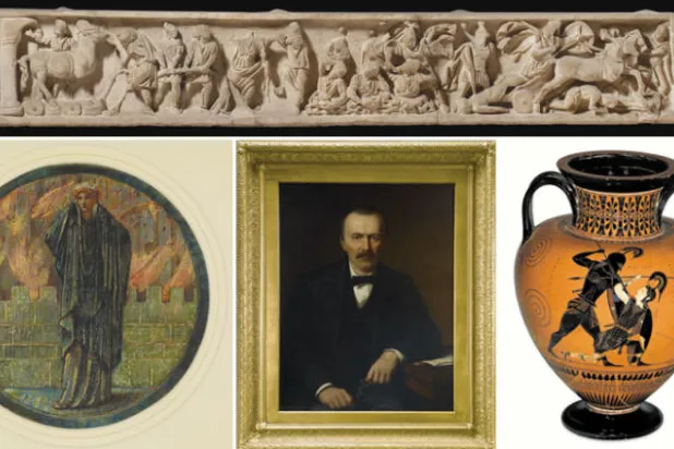 لوح من الرخام يعود للقرن الثاني بعد الميلاد يحمل نقوشات تتضمن تفاصيل عن معركة طروادة (متحف أشموليان-أكسفورد)  -  مشهد منقوش على جرة فخارية يمثل أخيل وهو يقتل أحد أعدائه (المتحف البريطاني)  -  لوحة تصور عالم الأثريات هنريك شليمان (متحف برلين)  -  لوحة دموع هيلين للفنان إدوارد بيرن جونز  (المتحف البريطاني)