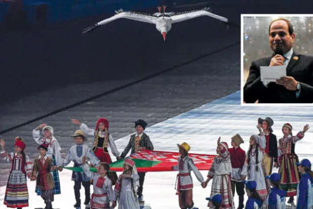 جانب من الاحتفالات بافتتاح كأس أمم أفريقيا في القاهرة أمس، وفي الإطار الرئيس السيسي يلقي كلمة الافتتاح في استاد القاهرة (أ.ف.ب)