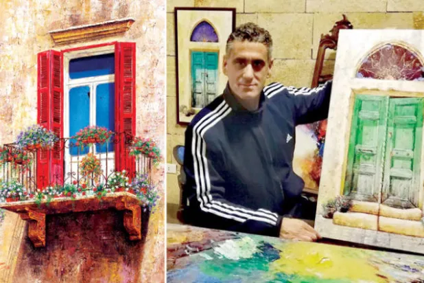 كالفايان وإحدى لوحاته باب قديم  -  عُرف  كالفايان  وتميّز برسم الشّبابيك والشرفات القديمة
