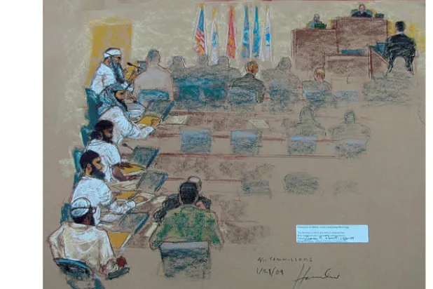 رسم تخطيطي للرسامة الأميركية هاملين للمتهمين الخمسة الكبار خلال مثولهم أمام محكمة عسكرية في غوانتانامو عام 2009  (أ.ب)