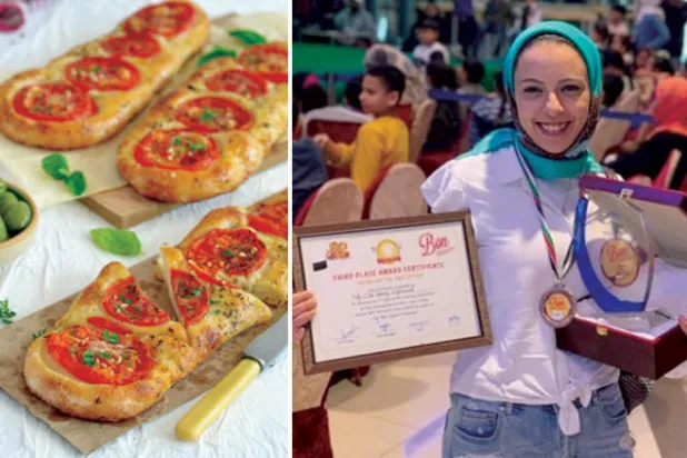 علا حسني مع جائزتها  -  من أصناف المعجنات التي تبدع علا في تحضيرها