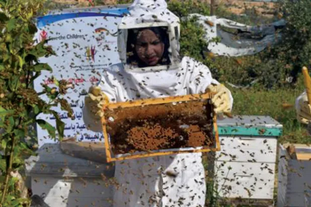 سمر تستخرج العسل من خلايا النحل داخل مكانٍ مغلق في مزرعتها (الشرق الأوسط)