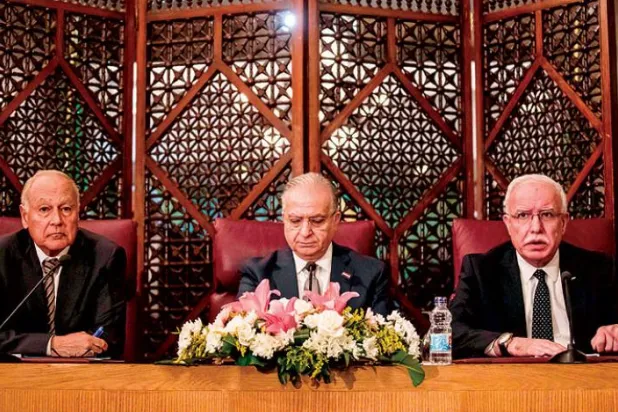 فلسطین کے وزیر خارجہ ریاض المالکی (دائیں) اور عرب لیگ کے سکریٹری جنرل احمد ابو الغیط (بائیں) کو دیکھا جا سکتا ہے