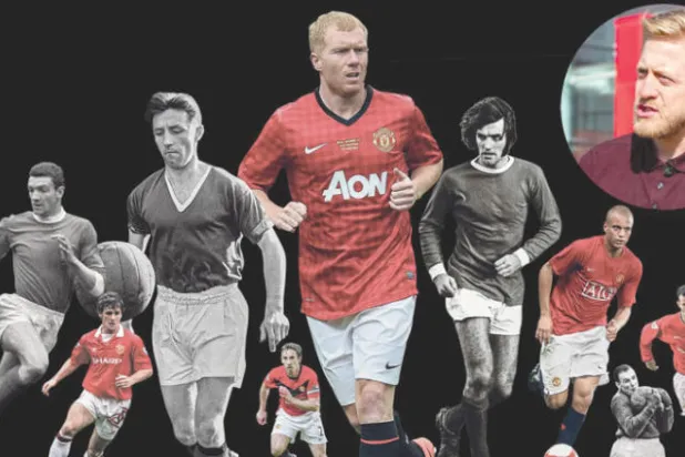 (من اليمين إلى اليسار) ريان غيغز وجاك كرومبتون وويس براون وجورج بيست وبول سكولز وغاري نيفيل وروجر بيرن ومارك هيوز وبيل فولكس - نيك كوكس المشرف على أكاديمية يونايتد 