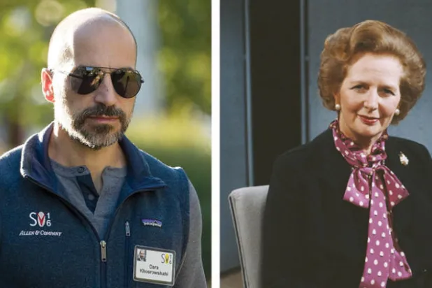 مارغريت ثاتشر وربطة عنق حريرية وإلى اليسار رئيس شركة «إكسبيديا» وهو يرتدي صديرياً من علامة «باتاغونيا» (نيويورك تايمز)