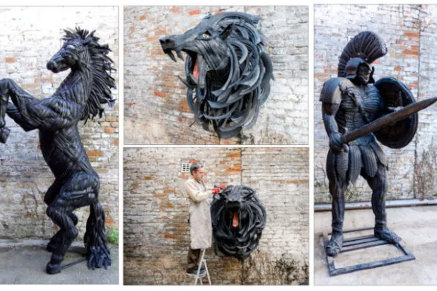 فنان يشكل مجسمات من الإطارات المستعملة