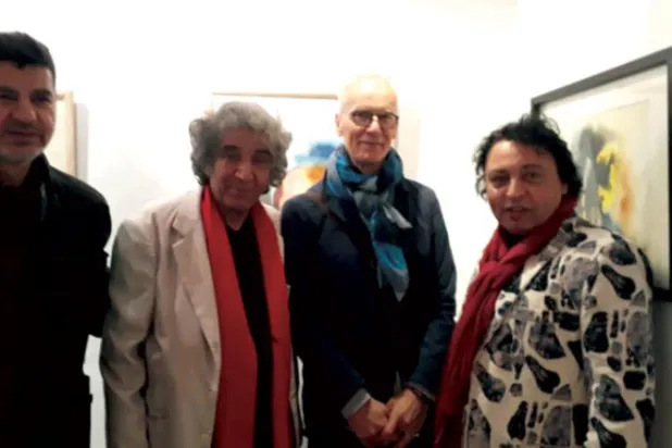 عبد الرزاق عكاشة وأوليفيه كاردان وأحمد الجنايني أثناء افتتاح المعرض بأتيليه القاهرة