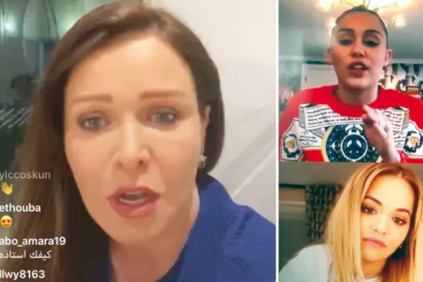 مايلي سايروس في بث مباشر مع الفنانة البريطانية ريتا أورا  -  الإعلامية ميسون عزام خلال بث مباشر على حسابها الخاص على «إنستغرام»