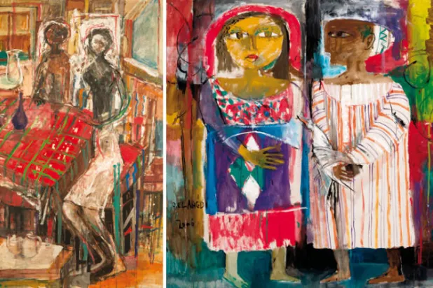 لوحة «حمامة السلام» وشخوص مستوحاة من أيقونات «وجوه الفيوم»  -  لوحة «في المقهى» بألوان الزيت