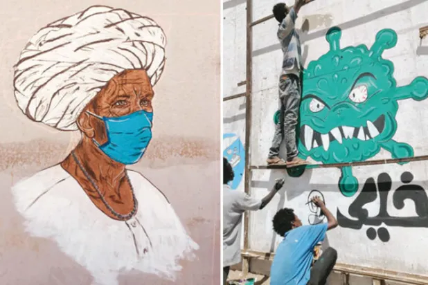 فنانو «غرافيتي» يرسمون لوحة إرشادية في أحد شوارع الخرطوم  -  جدارية لشخص بالملابس التقليدية مرتدياً الكمامة ضمن جهود فناني «الغرافيتي» لرفع الوعي بأهمية الوقاية