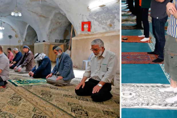 صلاة الجمعة في مسجد أبي بكر بفرانكفورت أمس (إ.ب.أ)  -  مصلون يؤدون صلاة الجمعة في مسجد بمدينة الخليل في فلسطين أمس (أ.ف.ب)