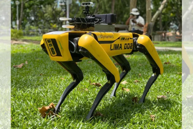 كلب آلي في سنغافورة يحث الناس على التباعد الاجتماعي