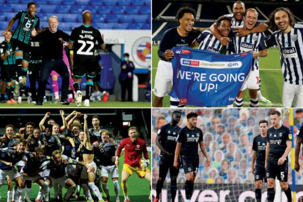 وست بروميتش يحتفل بصعوده للدوري الممتاز....بارنسلي بعد النجاة من الهبوط... تشارلتون بعد هبوطه من الدرجة الأولى.... سوانزي بعد التأهل لملحق الترقي (غيتي)