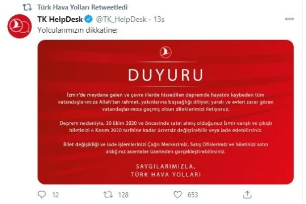 Türk Hava Yolları’ndan İzmir yolcularına ücretsiz bilet değişikliği ve iade hakkı tanıma kararı