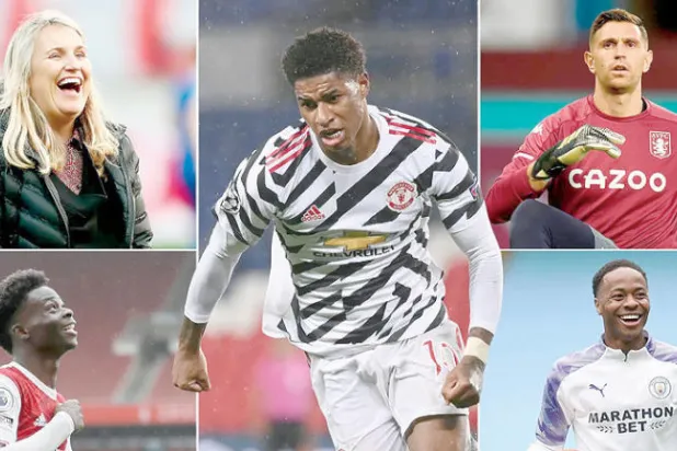 من أعلى اليمين: إميليانو مارتينيز... رحيم ستيرلينغ... ماركوس راشفورد... المدير الفني إيما هايز... بوكايو ساكا