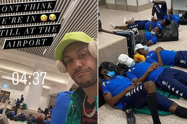 لاعبو منتخب الغابون يفترشون أرض مطار بانغول لساعات قبل مواجهة غامبيا (صور)