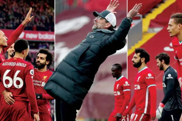 من اليمين: لاعبو ليفربول بعد الهزيمة من فولهام ثم كلوب المحبط ثم ليفربول مع فان دايك في الطريق لحصد لقب الدوري (غيتي)