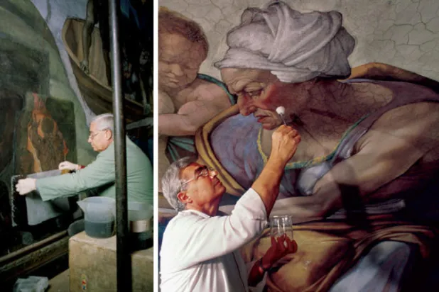 في عام 1980 بدأ غيانلويغي كولالوتشي وفريق العمل المعاون له في تنفيذ مهمة تنظيف وترميم جداريات كنيسة سيستين، التي استمرت لمدة 14 عاماً (غيتي) - البروفسور غيانلويغي كولالوتشي أثناء ترميمه جانباً من جدارية مايكل أنجلو بكنيسة السيستين بالفاتيكان (غيتي)