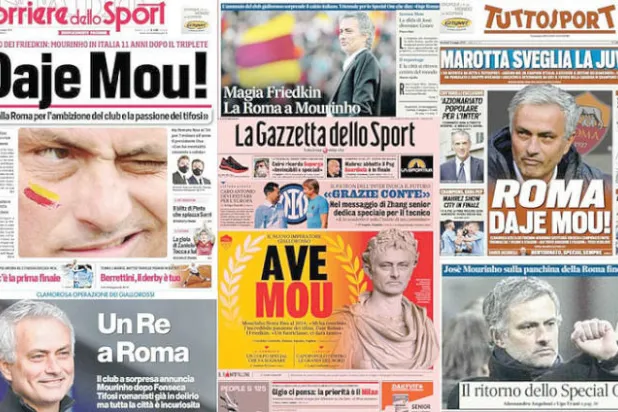 الصحافة الإيطالية رحّبت بتعيين مورينيو مديراً فنياً لروما وما زال لقبه «الاستثنائي» يُستخدم بدون أي سخرية (الغارديان)