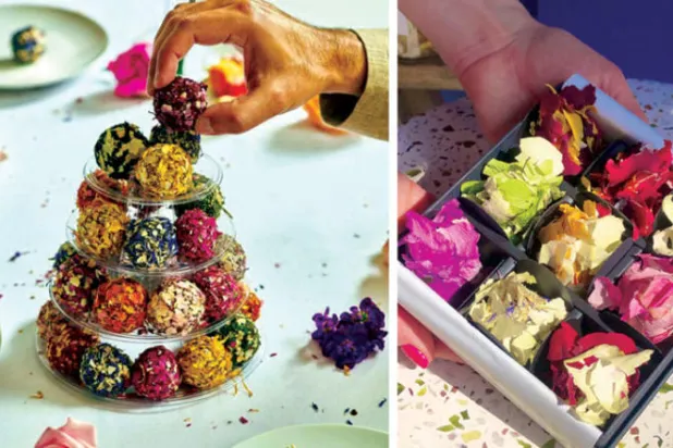 علبة مؤلفة من تسع قطع من «نوشي» - قطع منمقة قوامها التمر والزهور