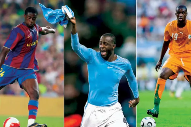 من اليمين توريه مع إيفوري كوست في مونديال 2006 ومانشستر سيتي عام 2016 وبرشلونة عام 2007 (غيتي)