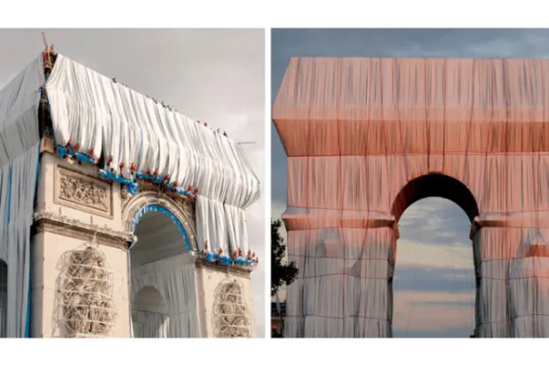 أثناء إضفاء اللمسات الأخيرة على قوس النصر بحلته الجديدة أول من أمس (نيويورك تايمز)  -  العمال  ينشرون القماش على واجهة قوس النصر في باريس (نيويوك تايمز)