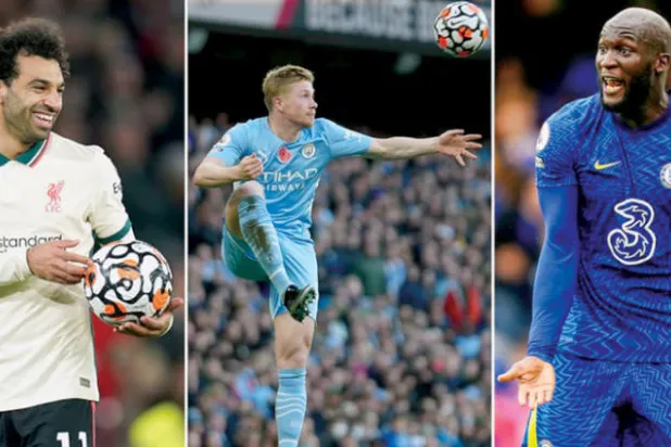 من اليمين: لوكاكو- دي بروين - صلاح (غيتي)