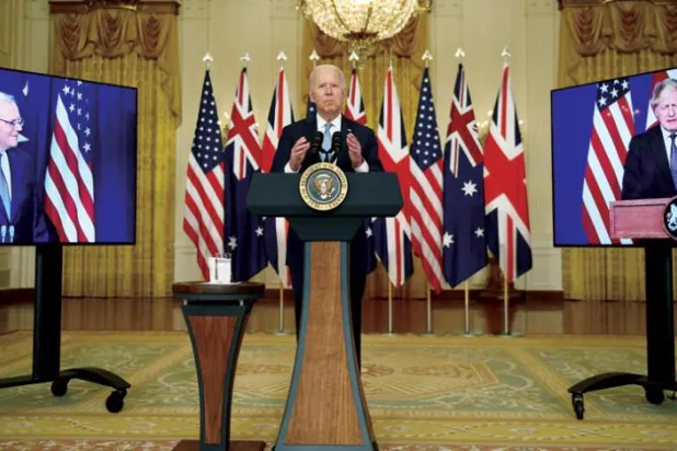ABD Başkanı Joe Biden, İngiltere Başbakanı Boris Johnson ve Avustralya Başbakanı Scott Morrison ile 15 Eylül'de gerçekleştirilen sanal toplantıdan bir kare (AFP)