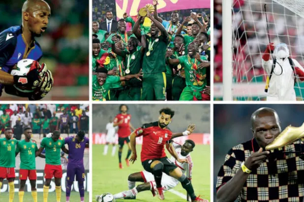 عمال يطهرون ملعباً من «كورونا» - السنغال تحتفل بالفوز بالبطولة - المدافع الهدهور يحرس مرمى جزر القمر - أبو بكر الكاميروني هداف البطولة - محمد صلاح قائد منتخب مصر - الكاميرون ودقيقة صمت حداداً على ضحايا ملعب «أوليمبي»