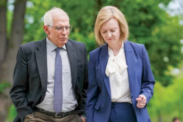 The EU foreign policy chief and the British Foreign Secretary on the sidelines of the G7 summit in Germany. (AFP) 