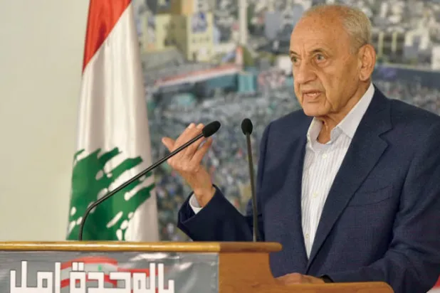 رئيس مجلس النواب نبيه بري موجهاً كلمته أمس (الشرق الأوسط)