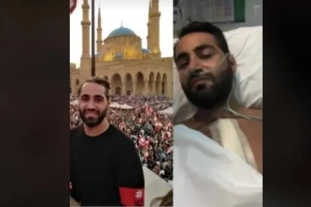 النائب المنتخب فراس حمدان بعد إصابته بقنبلة (يمين) ومشاركاً في المظاهرات بقلب بيروت (يسار)... (تويتر)