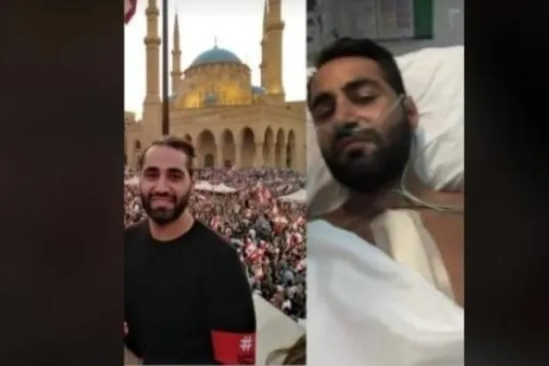 Milletvekili seçilen Firas Hamdan Beyrut’ta protesto gösterilerinde (solda) ve yakınındaki bir patlamada yaralanması sonucu hastanede (sağda) (Twitter)